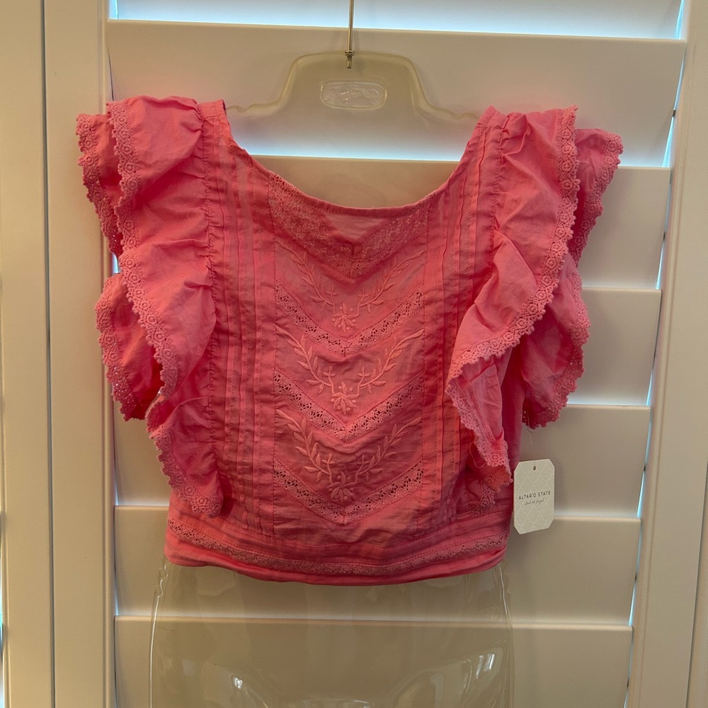 Pink Ruffled Flutter Sleeve Blouse